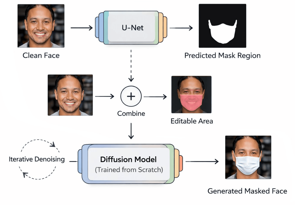 Pipeline diagram: a clean face goes through a U-Net that outputs a predicted mask region; the mask is combined with the clean face to define the editable area; a diffusion model iteratively denoises this input to produce the generated masked face.