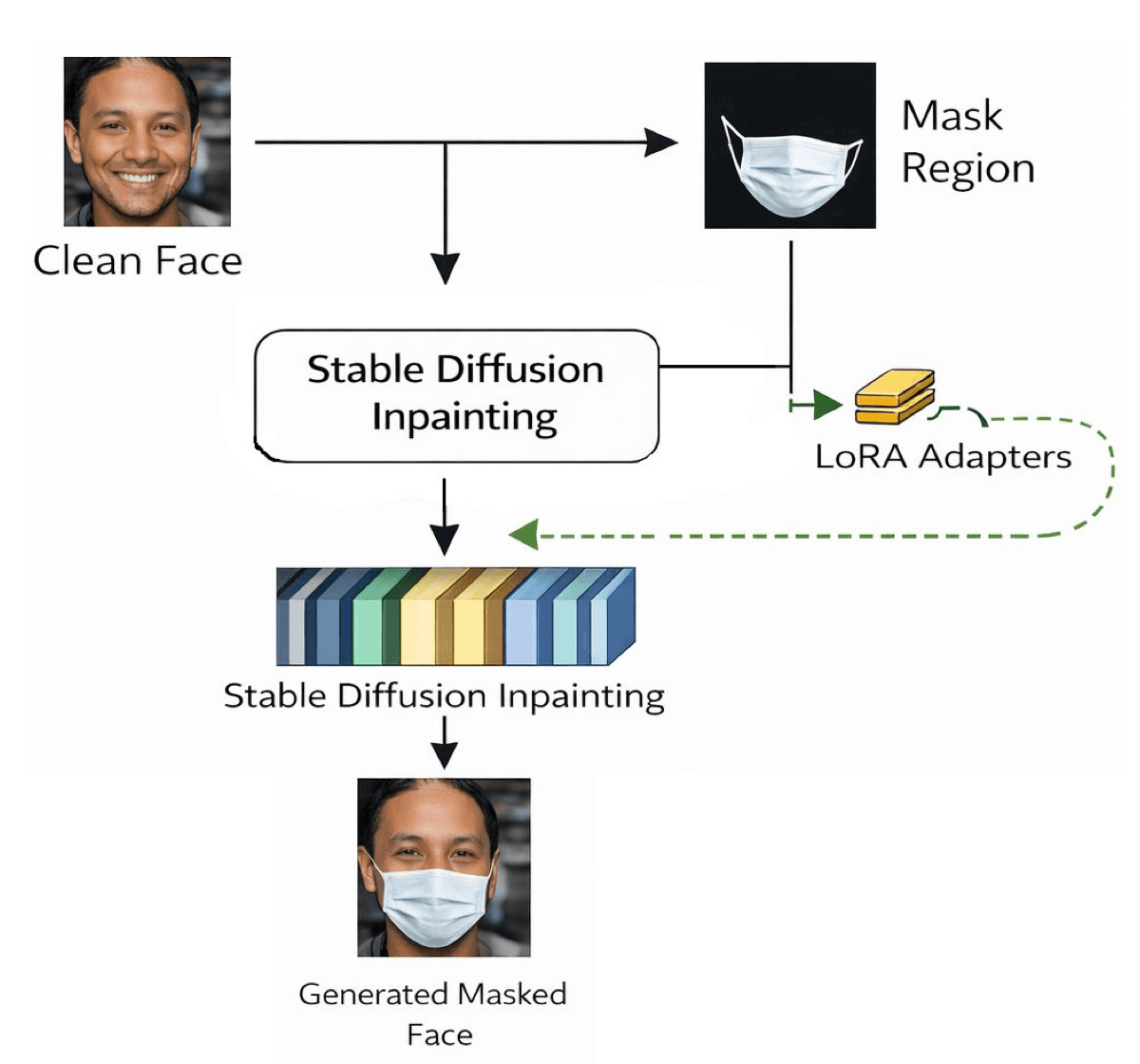 Diagram of the Stable Diffusion branch: a clean face and its mask region feed into the Stable Diffusion inpainting model; LoRA adapters, shown as a small side module, inject trainable low-rank updates into the frozen inpainting U-Net, which outputs the generated masked face.